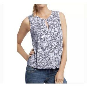 CAbi Blue White Medallion Keyhole Jersey Knit Sleeveless Wrap Top #733 Medium